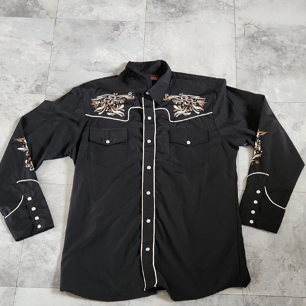 Black Casual Button Down Shirt with Intricate Embroidery
